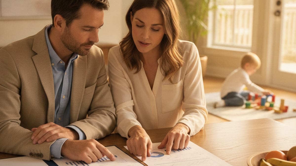 A parent and young child looking at a laptop together at a kitchen table with college savings paperwork nearby
