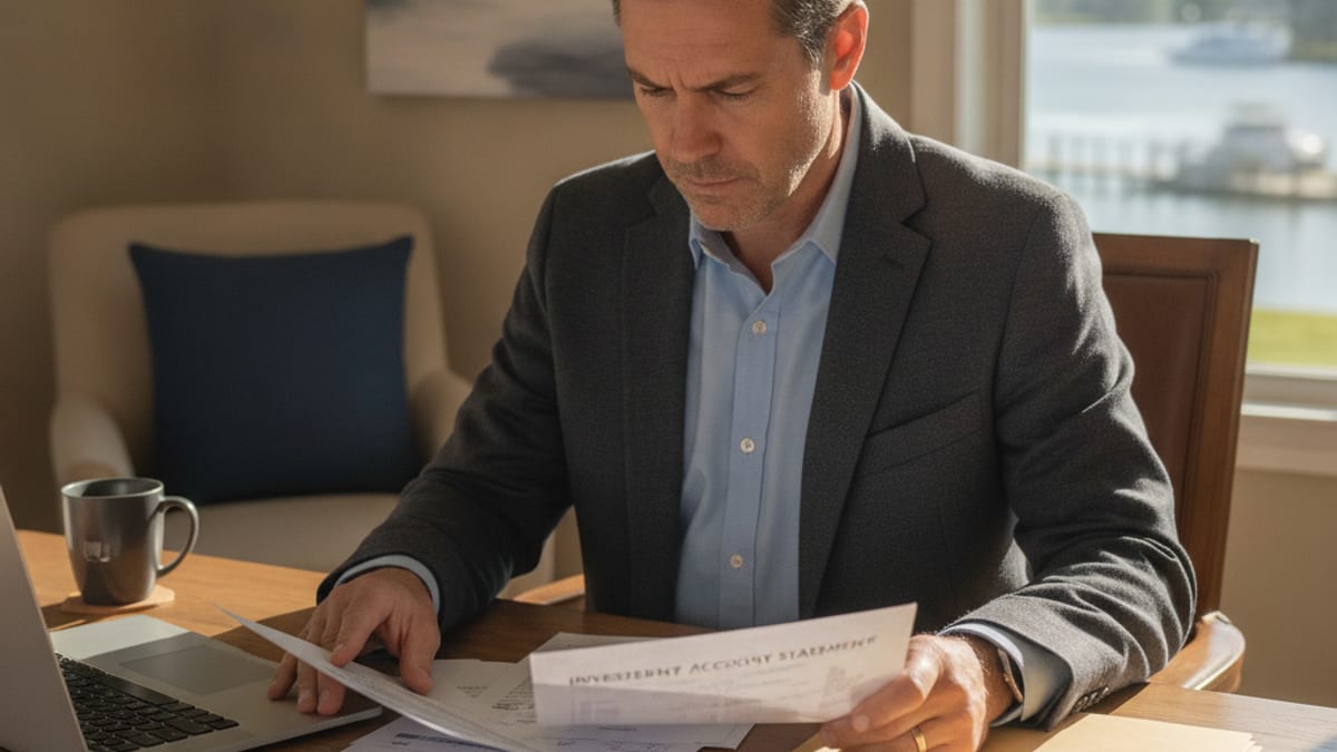 A person reviewing investment account statements and using a calculator at a home office desk