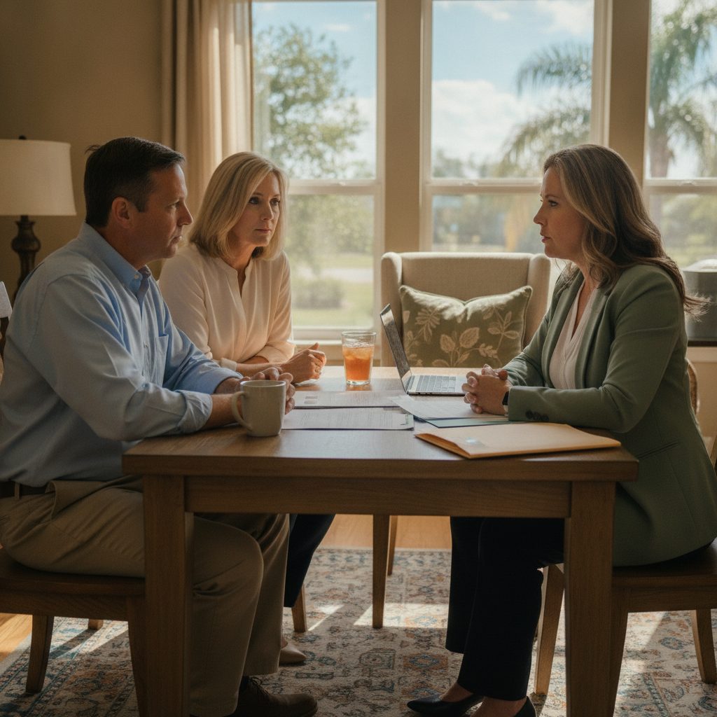 Wesley Chapel homeowner reviewing 401(k) statements and divorce paperwork at a kitchen table