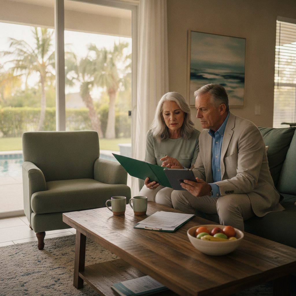 Retiree at a Wesley Chapel kitchen table reviewing statements in morning window light