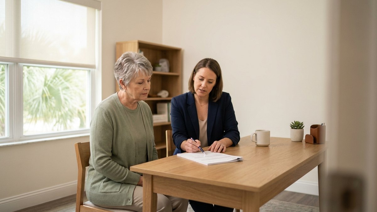 A widow reviewing Social Security survivor benefit paperwork with an independent financial planner at a desk