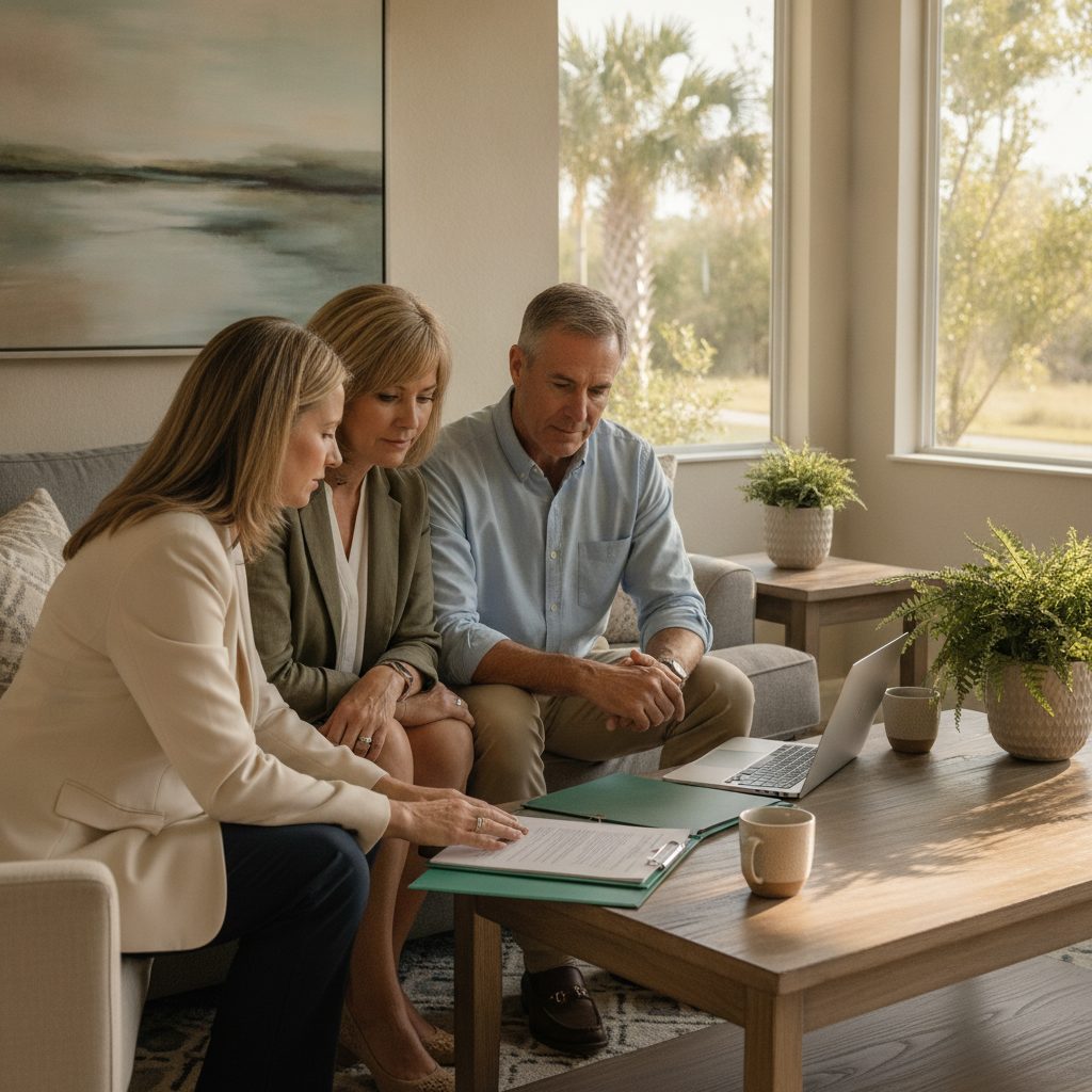 Wesley Chapel homeowner reviewing family coverage papers at a kitchen table in morning light