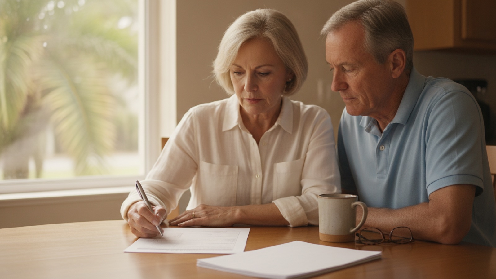 A woman and man in their sixties sitting side by side at a kitchen table in a bright Florida home, reading a printed beneficiary form together while she holds a pen above it, with palm foliage visible through the window beside them