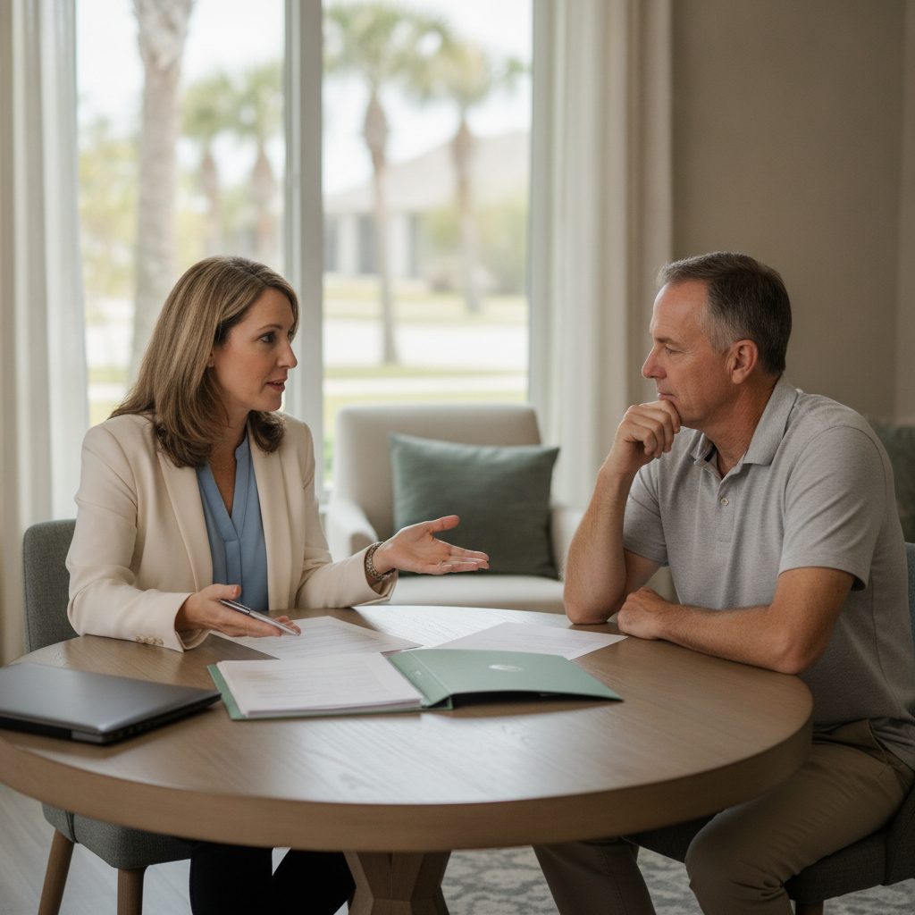 Pasco County parent reviewing Florida 529 Prepaid and Savings Plan papers at a kitchen table