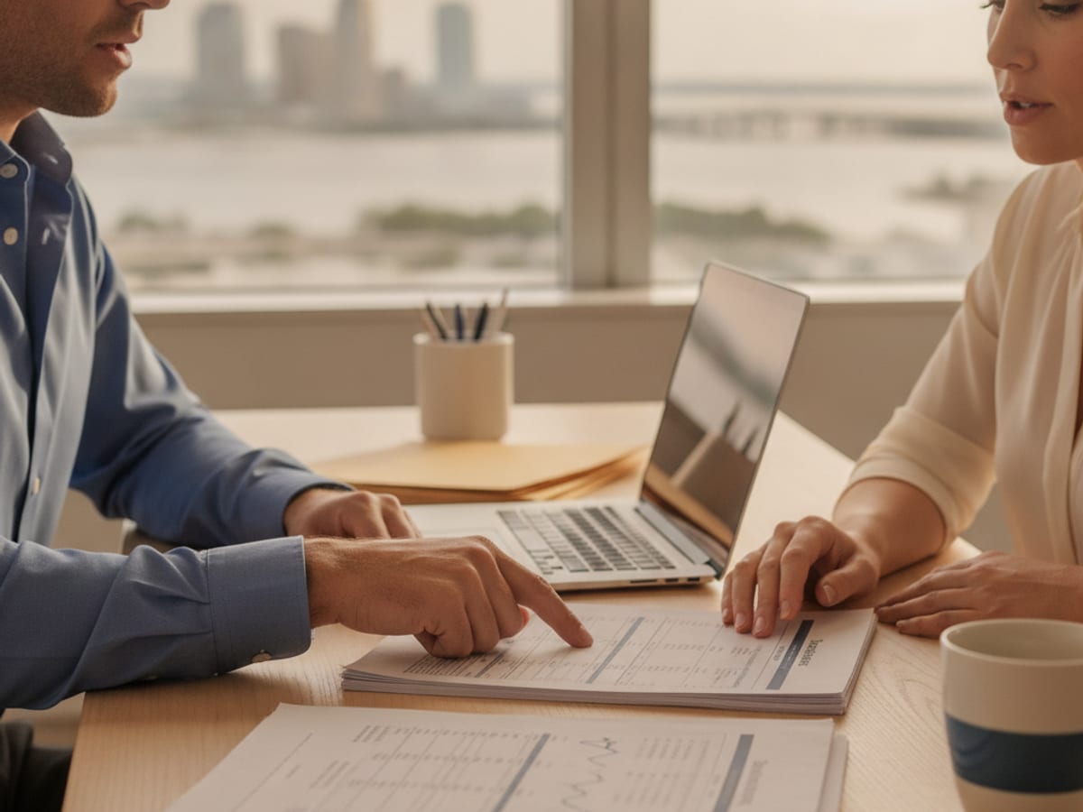 Retirement account paperwork and a laptop during a 401k rollover consultation