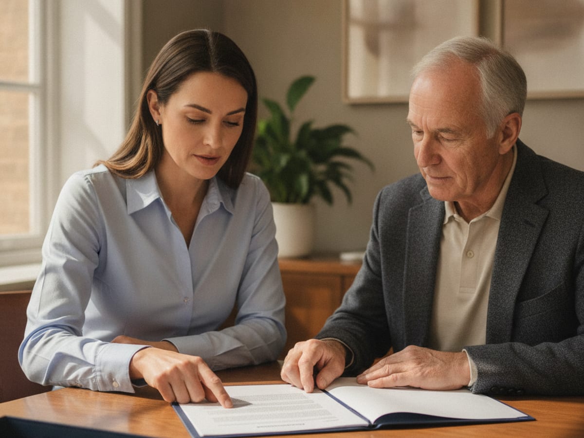 Planner reviewing an annuity contract and fee schedule with a client