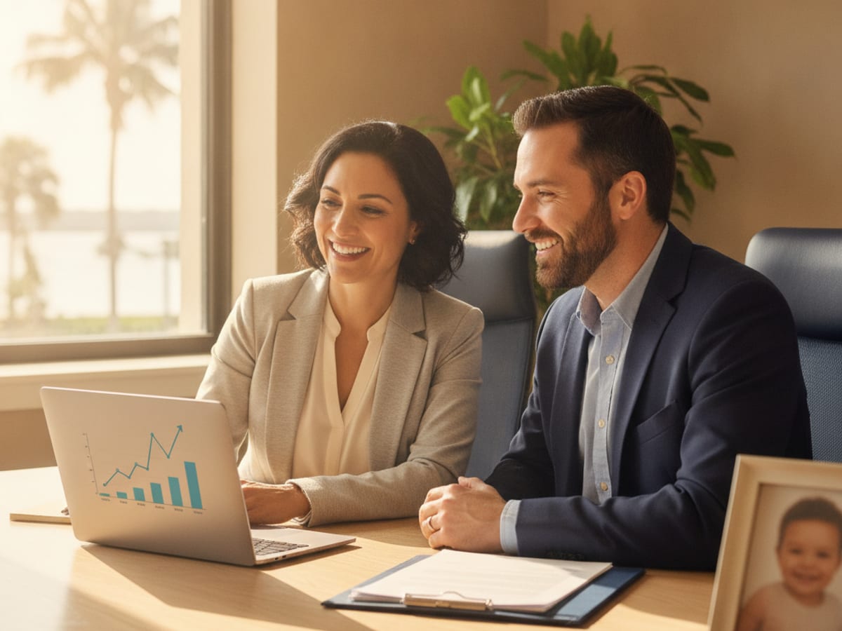 Parent and financial planner comparing college savings account options for a child