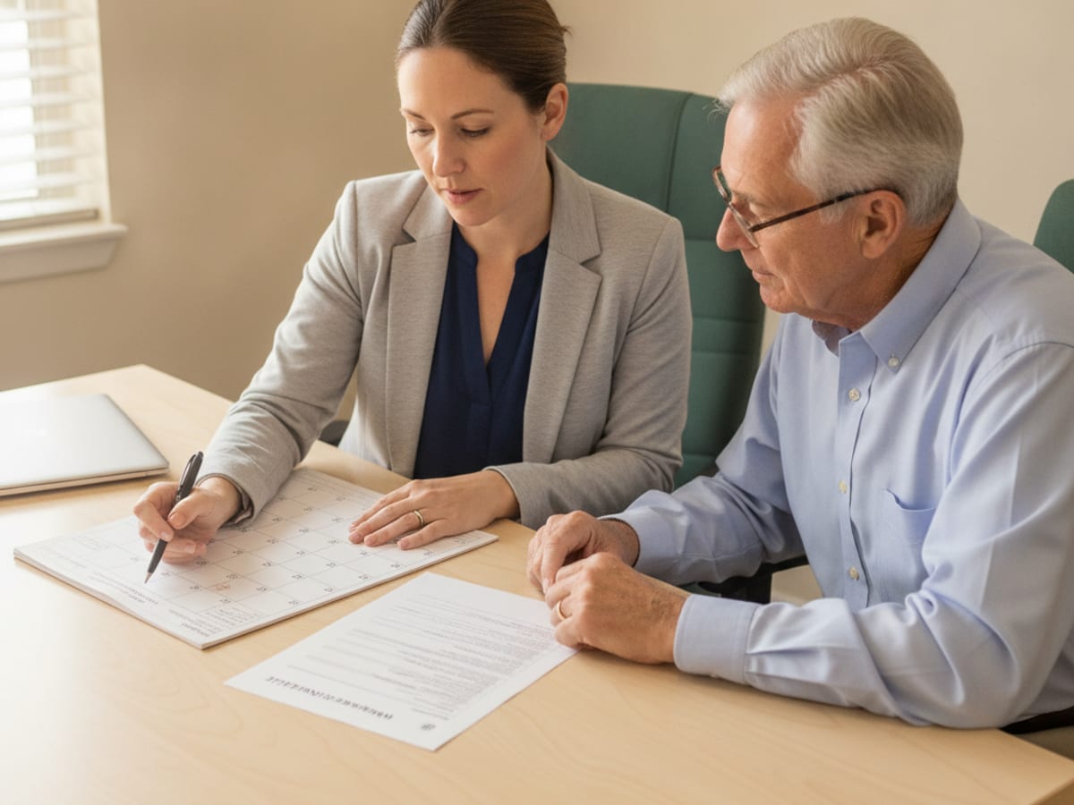 Planner reviewing a required minimum distribution schedule with a retired client